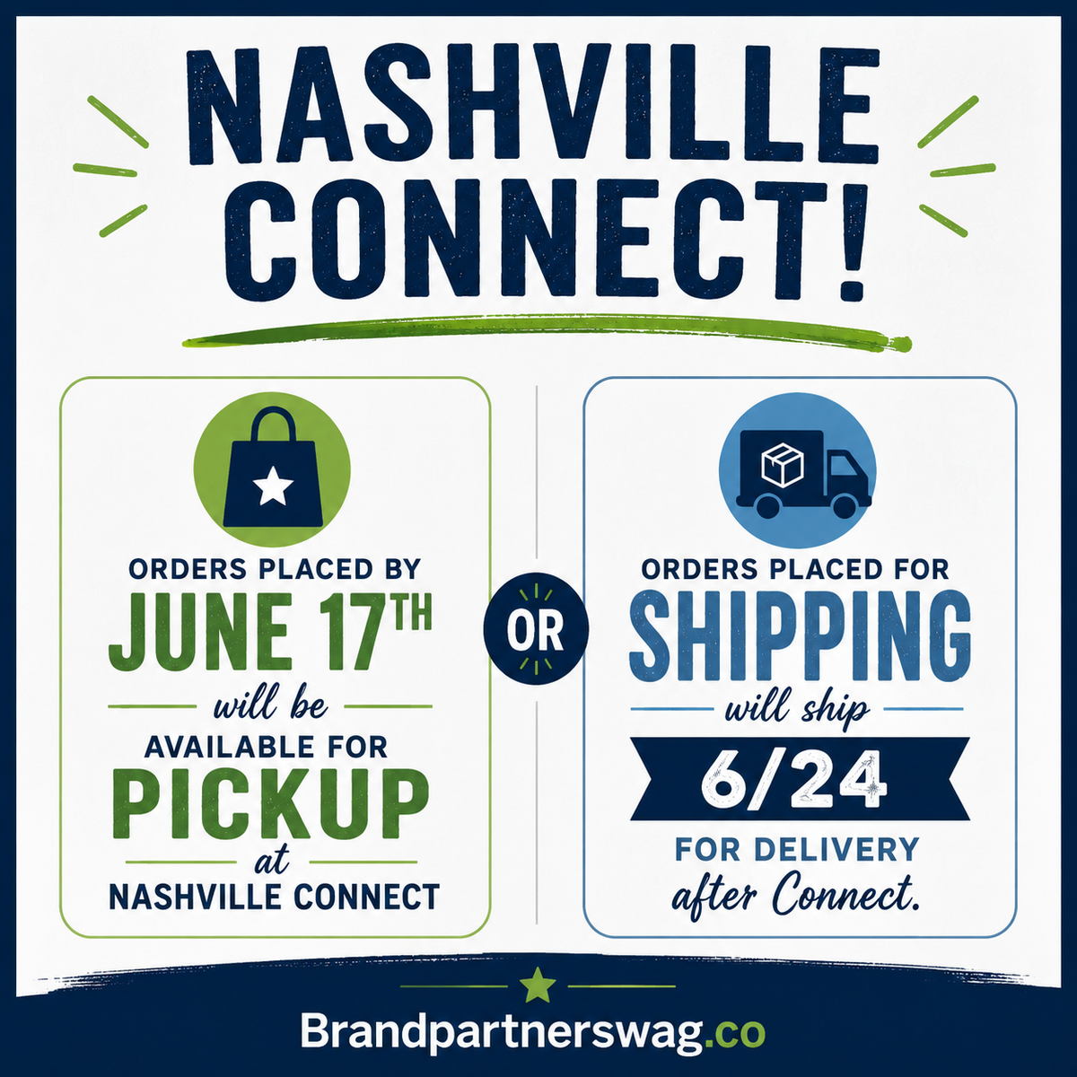 Promotional graphic for Nashville Connect with pickup and shipping information.