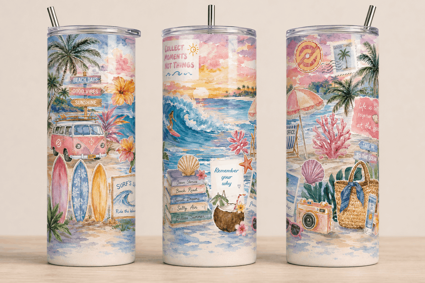 PXP Orlando 2026 Beach Moments 20 oz skinny tumbler with watercolor waves palms and tropical design