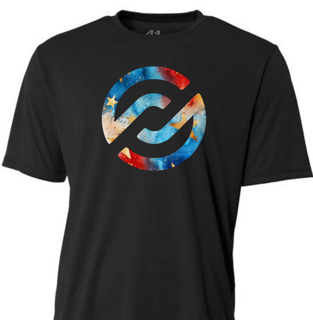 Black t-shirt with a colorful logo on a white background