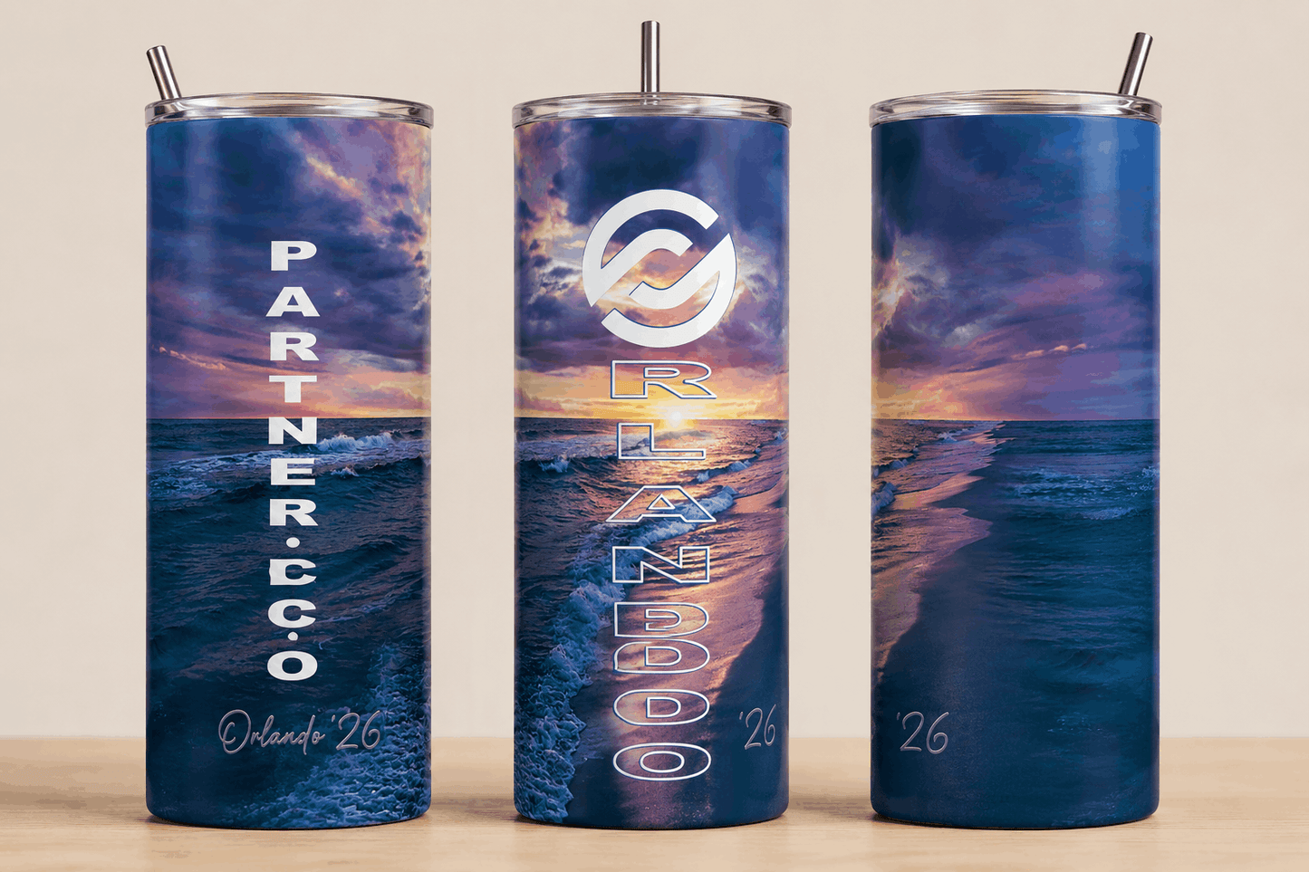 PXP Orlando 26 20 oz skinny tumbler with full wrap Florida beach sunset design