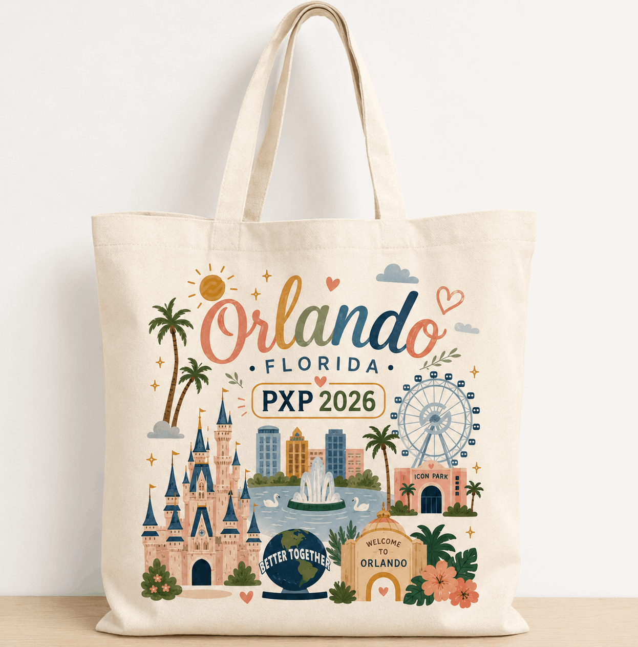 PXP Orlando 2026 natural canvas tote bag with colorful Orlando Better Together design