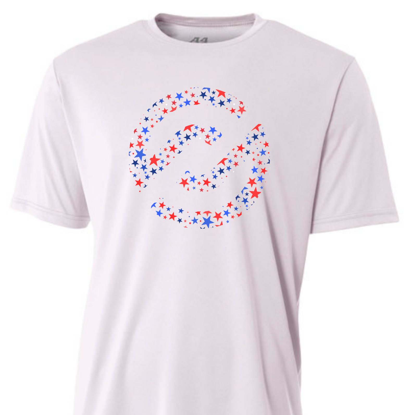 White t-shirt with a colorful star design on a white background
