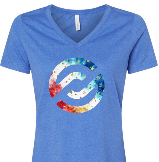 Blue t-shirt with a colorful logo on a white background