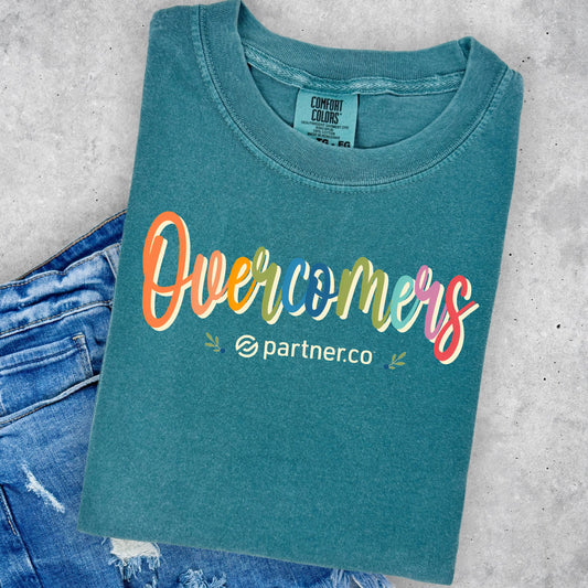 Colorful Overcomers design on Emerald green Comfort Colors T-shirt