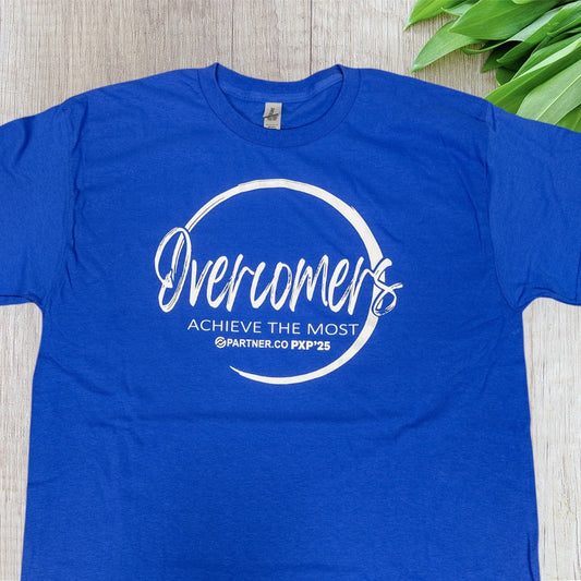 Royal blue Gildan unisex crew neck t-shirt with white screenprinted PartnerCo PXP 2025 design, displayed flat on white background.