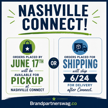 Promotional graphic for Nashville Connect with pickup and shipping information.