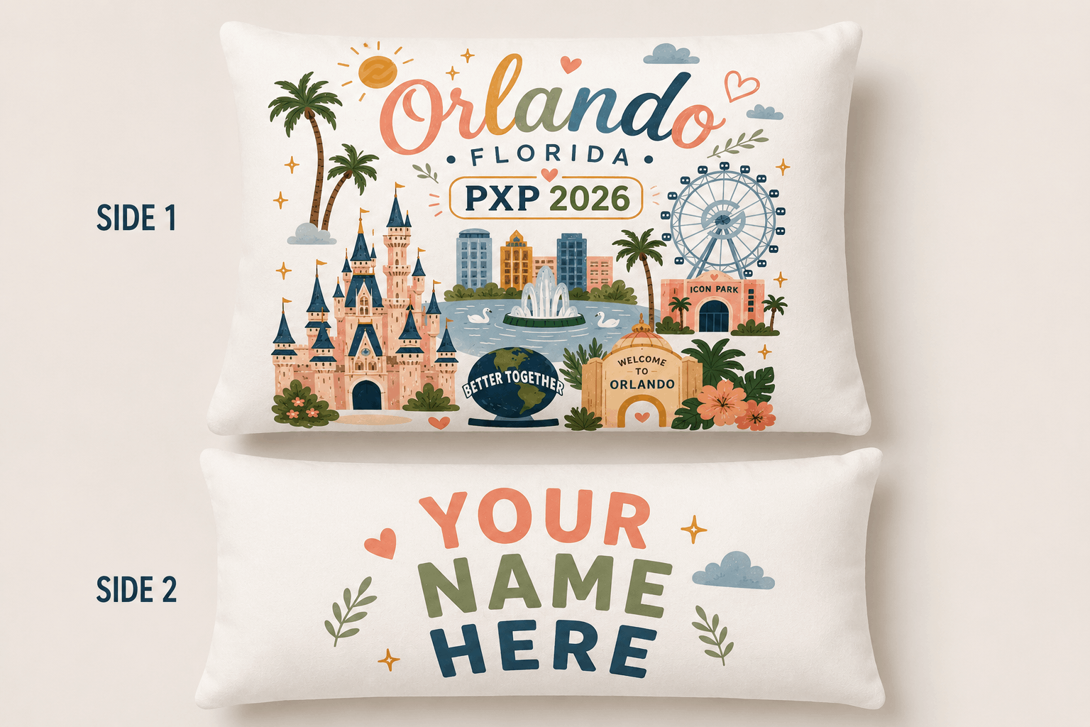 Personalized PXP Orlando 2026 white travel pillowcase with colorful Orlando design and custom name on reverse