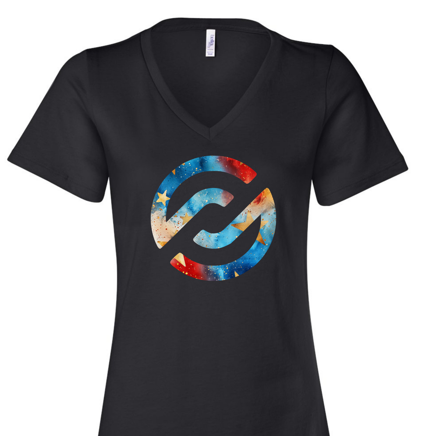 Black V-neck t-shirt with a colorful logo on a white background