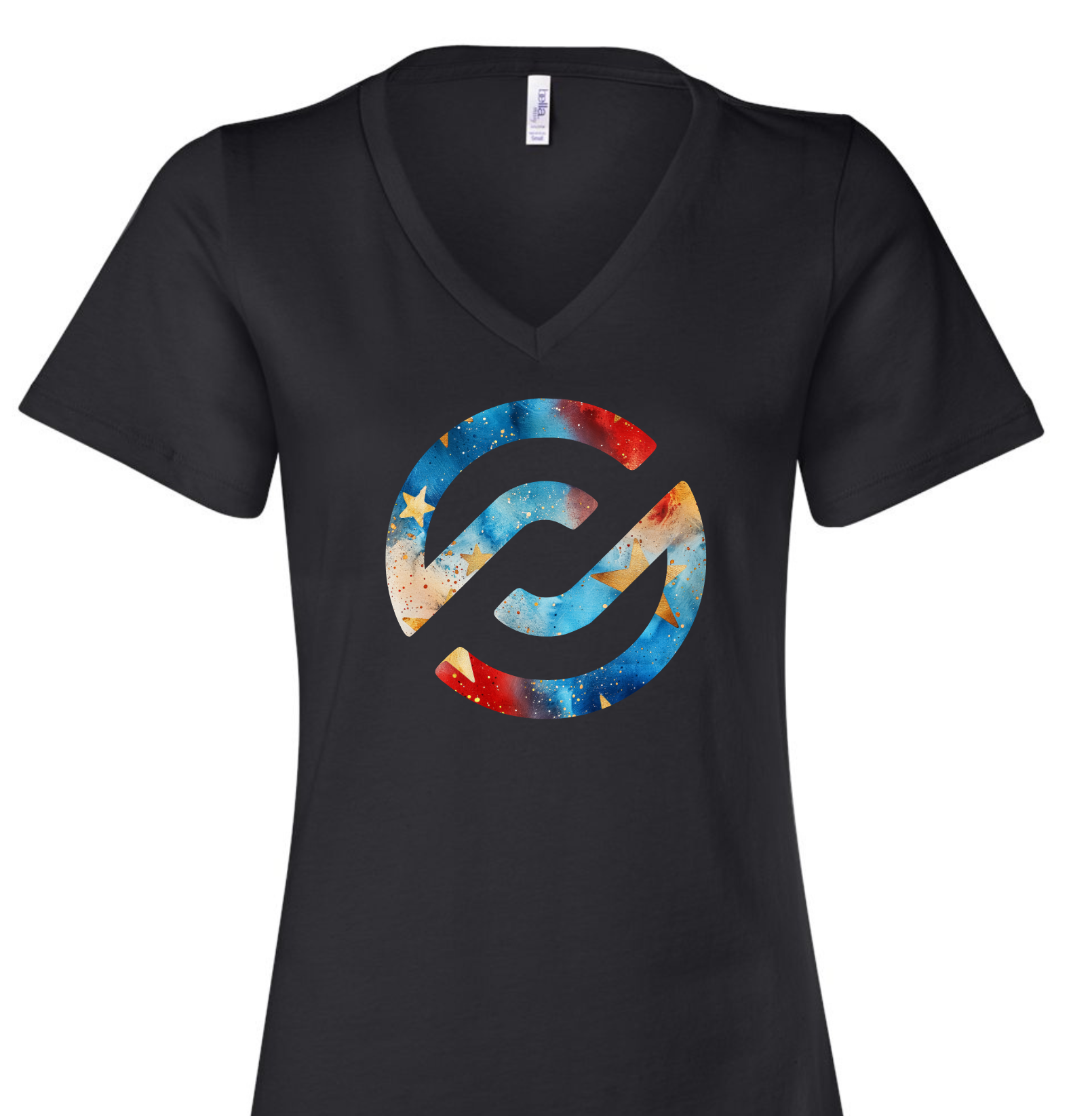 Black V-neck t-shirt with a colorful logo on a white background