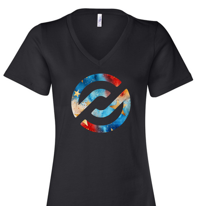 Black V-neck t-shirt with a colorful logo on a white background