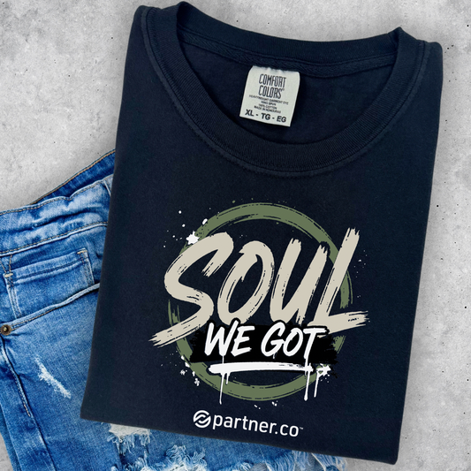 Black Soul Brushstroke Tee featuring a bold distressed brushstroke graphic inspired by the Partner.Co community 