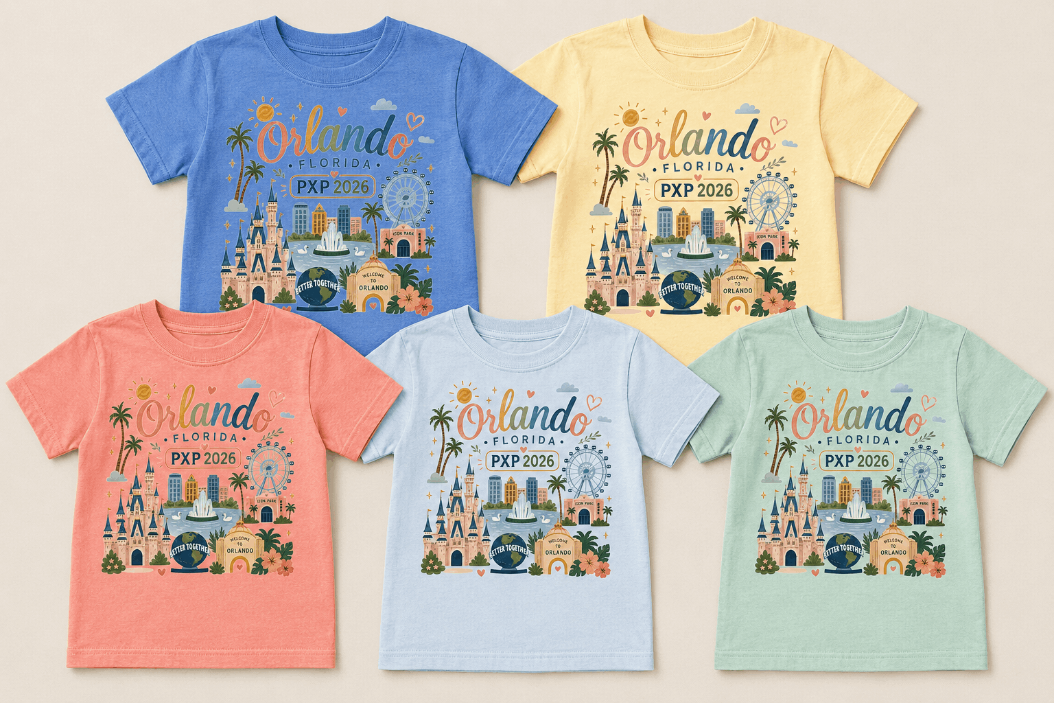 Youth PXP Orlando 2026 Comfort Colors T-shirts in Flo Blue Butter Watermelon Chambray and Chalky Mint