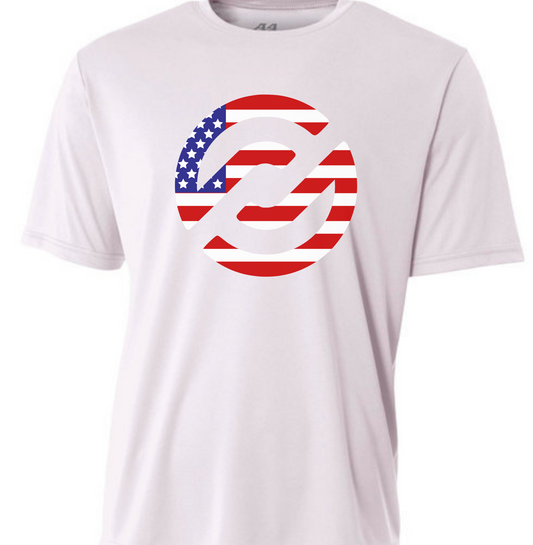 White t-shirt with a red, white, and blue logo on a white background