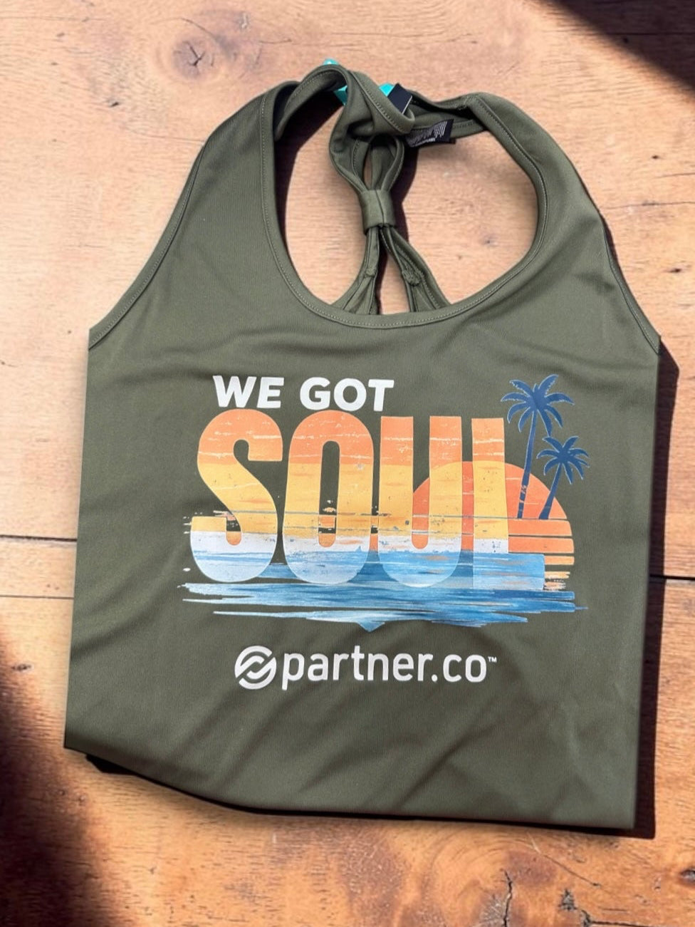 Women's We Got Soul performance tank with colorful sunset beach scene