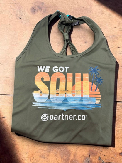 Women's We Got Soul performance tank with colorful sunset beach scene