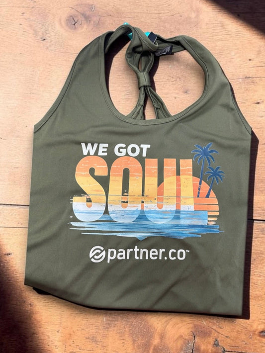 Women's We Got Soul performance tank with colorful sunset beach scene