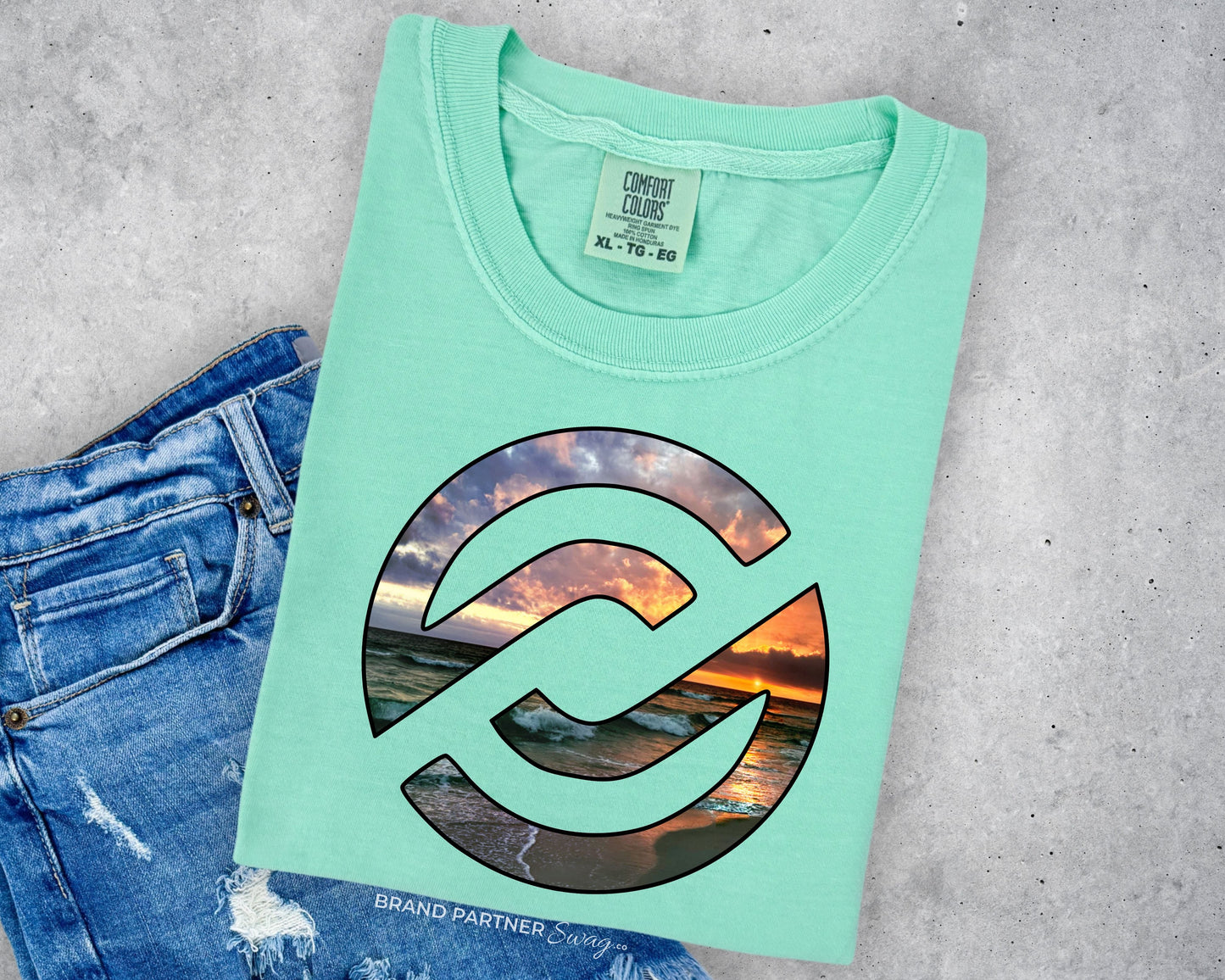 Florida coast beach Comfort Colors T-shirt in island Reef with sunset graphic