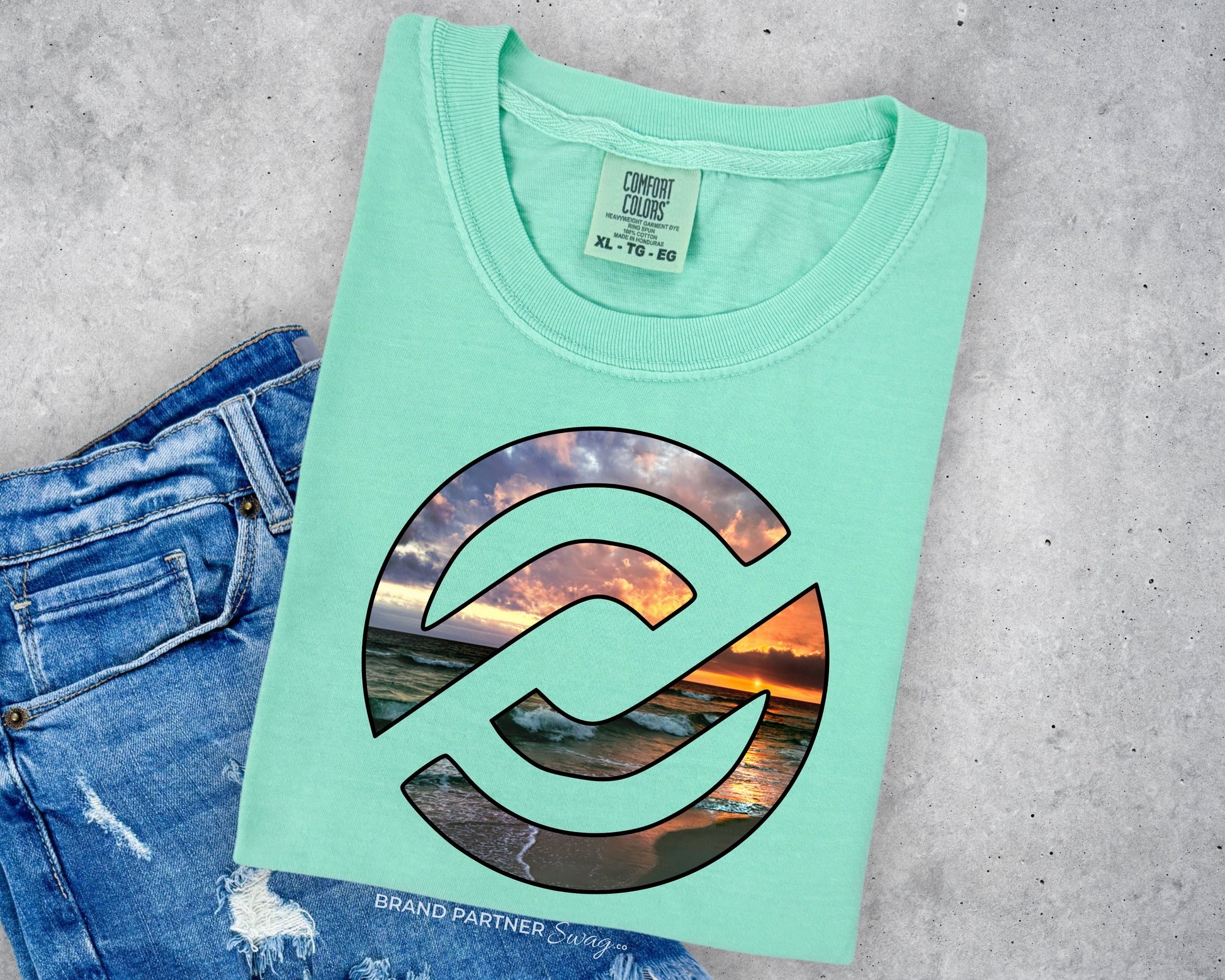Florida coast beach Comfort Colors T-shirt in island Reef with sunset graphic
