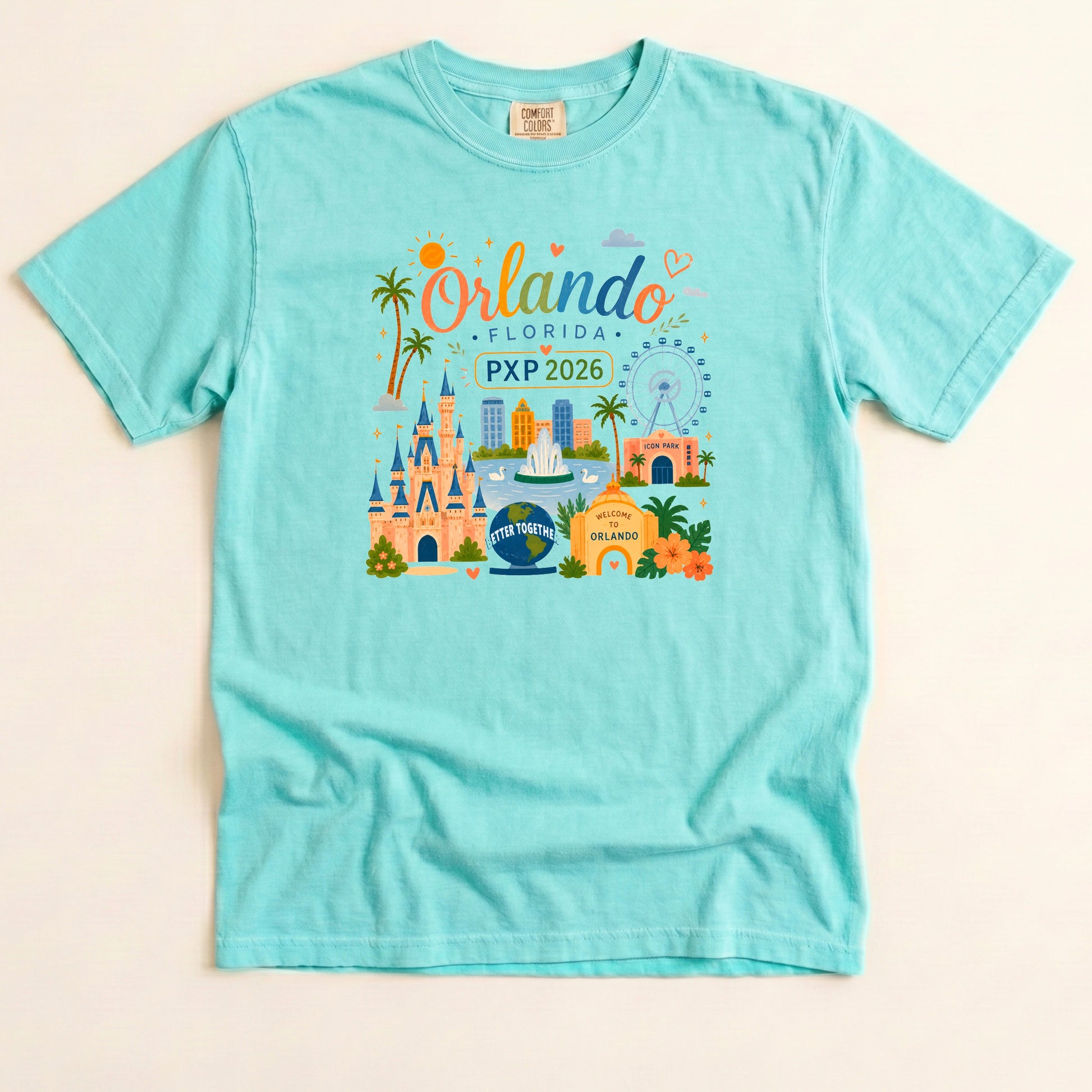 Chalky Mint Comfort Colors kids PXP Orlando 2026 T-shirt with colorful Orlando Florida design