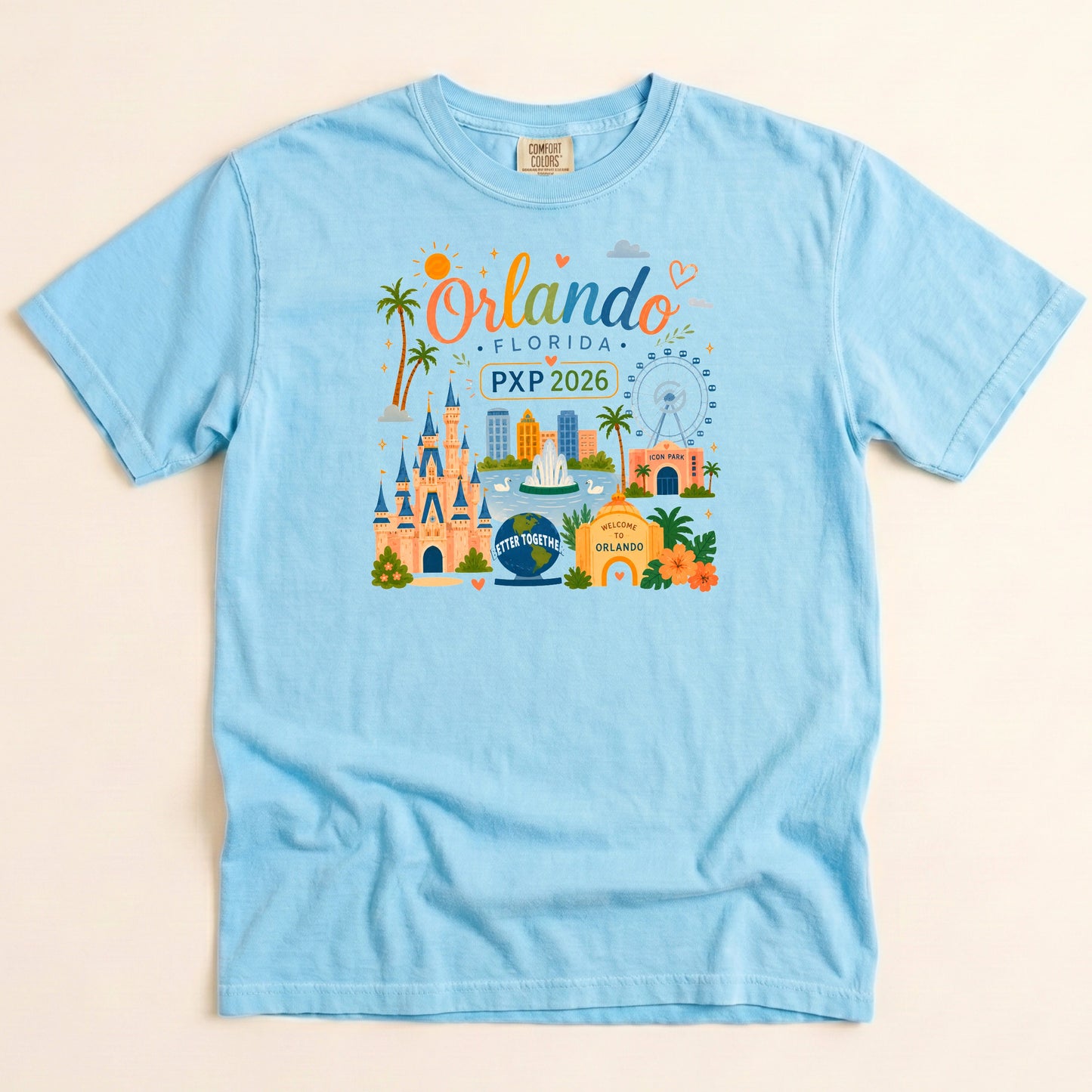 Chambray blue Comfort Colors kids PXP Orlando 2026 T-shirt with colorful Florida graphic