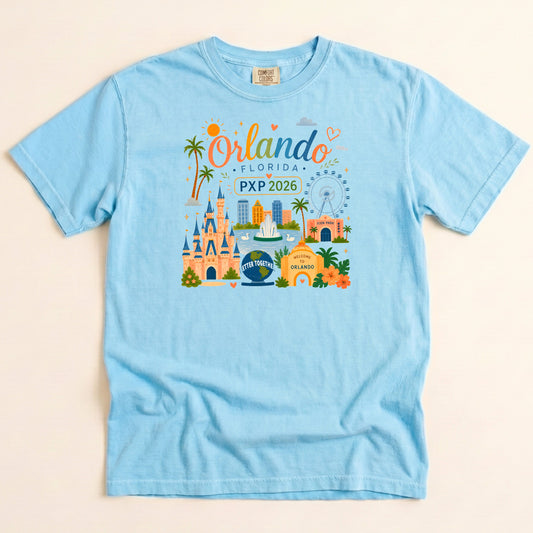 Chambray blue Comfort Colors kids PXP Orlando 2026 T-shirt with colorful Florida graphic