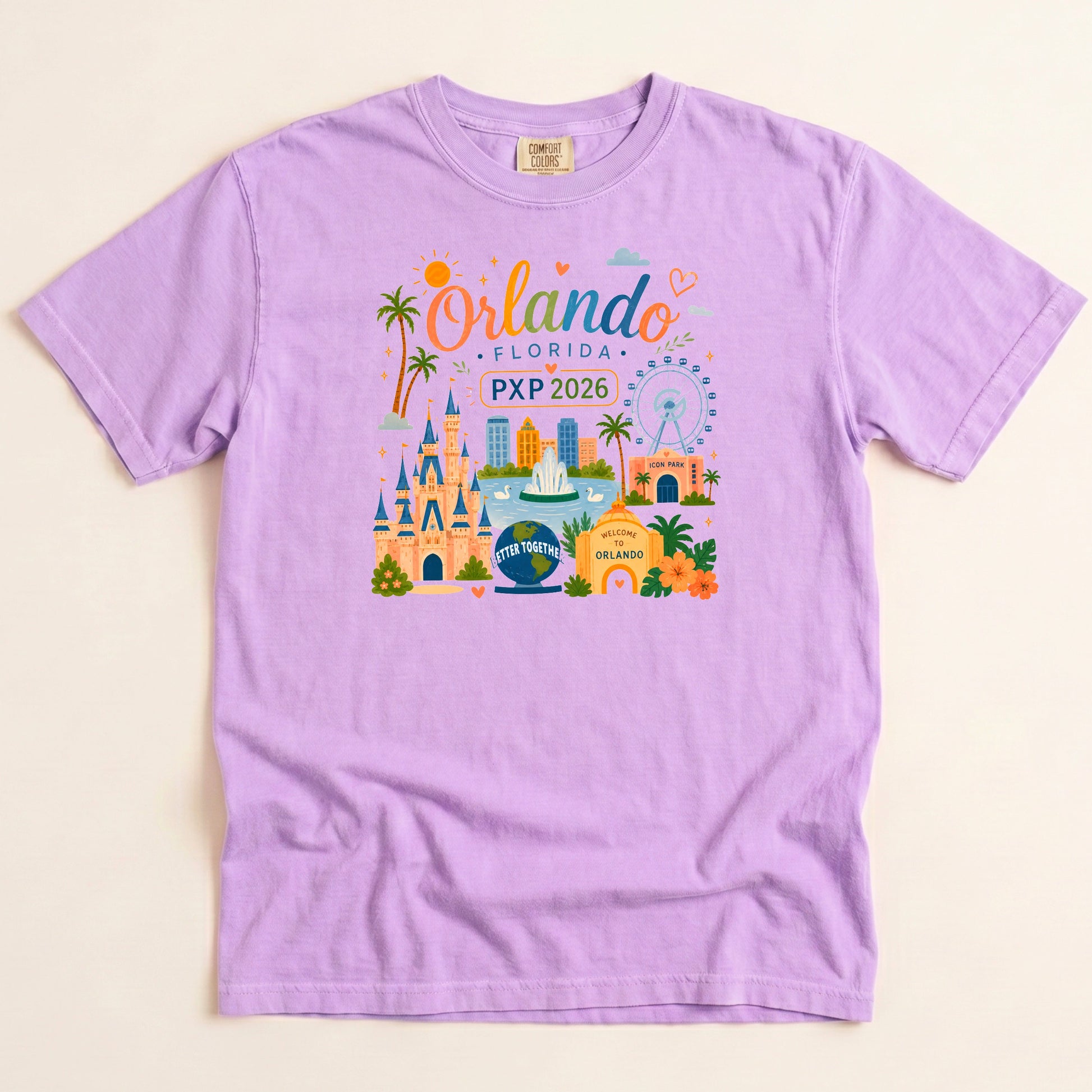 Orchid purple Comfort Colors kids PXP Orlando 2026 T-shirt with colorful Orlando Florida graphic