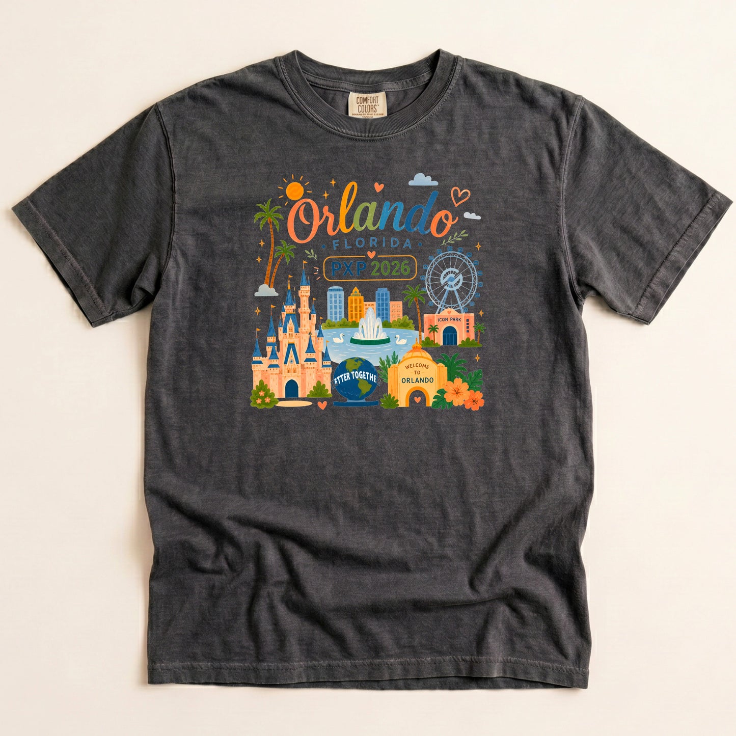 Pepper black Comfort Colors kids PXP Orlando 2026 T-shirt with colorful Orlando Florida graphic