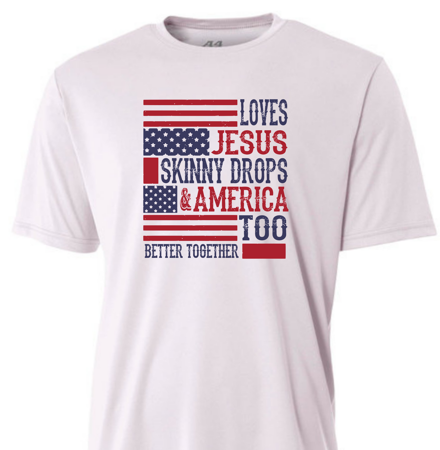 White patriotic graphic t-shirt featuring Loves America Jesus and Skinny Drops Too design in red white and blue.