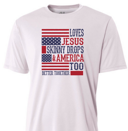 White patriotic graphic t-shirt featuring Loves America Jesus and Skinny Drops Too design in red white and blue.
