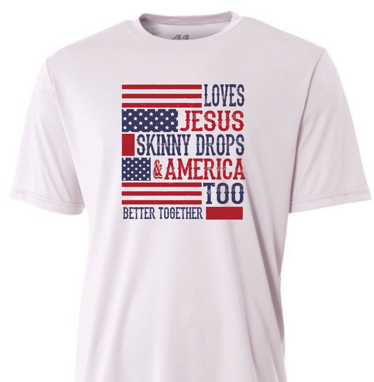 White patriotic graphic t-shirt featuring Loves America Jesus and Skinny Drops Too design in red white and blue.