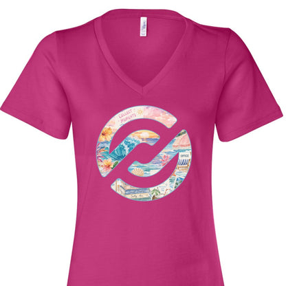 Berry Bella Canvas women's V-neck PXP Orlando Collect Moments shirt with colorful Florida beach and coastal graphic