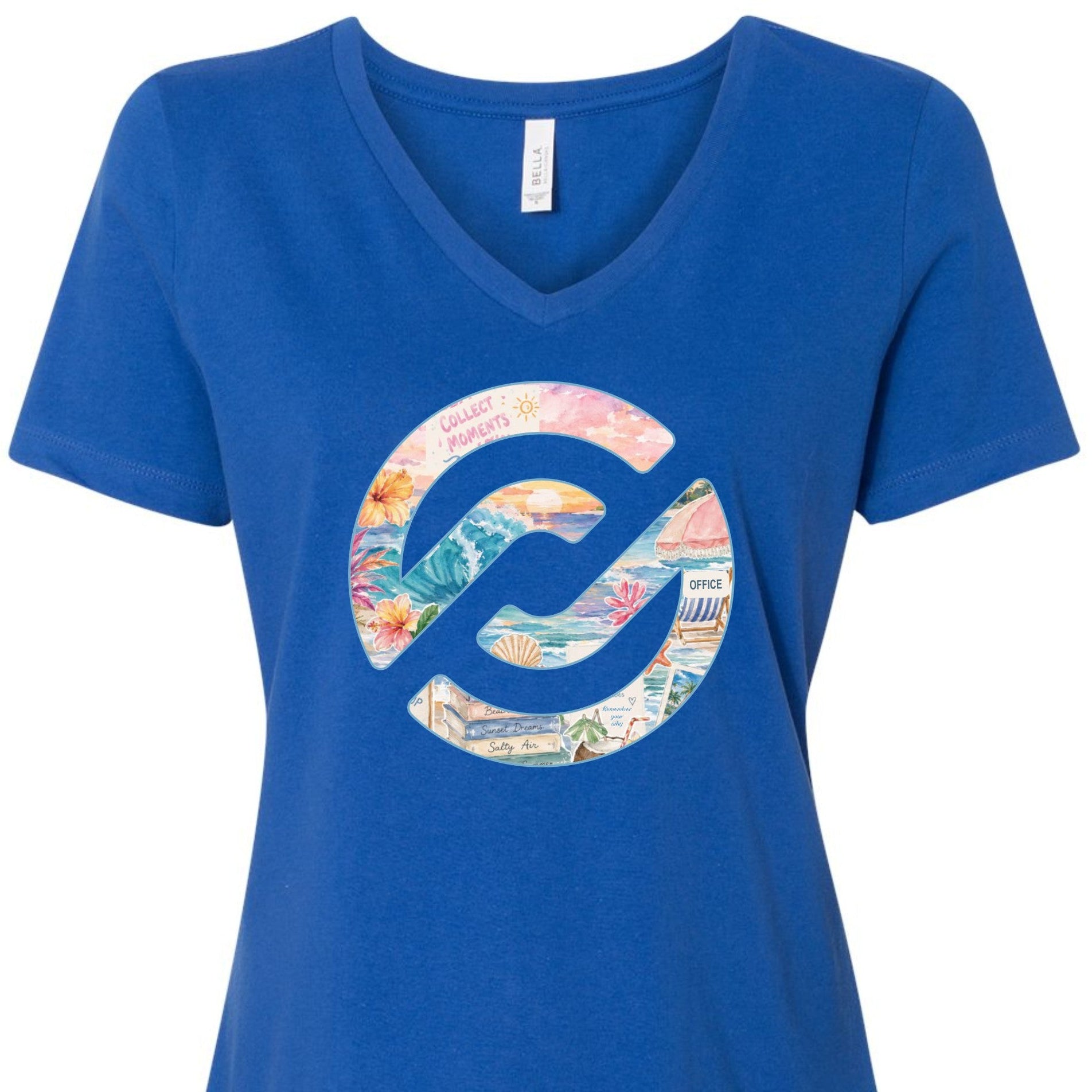 True royal Bella Canvas women's V-neck PXP Orlando Collect Moments shirt with colorful Florida beach and coastal graphic