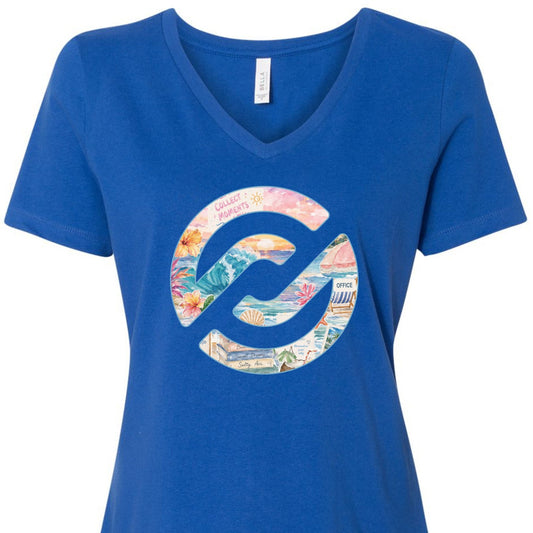 True royal Bella Canvas women's V-neck PXP Orlando Collect Moments shirt with colorful Florida beach and coastal graphic