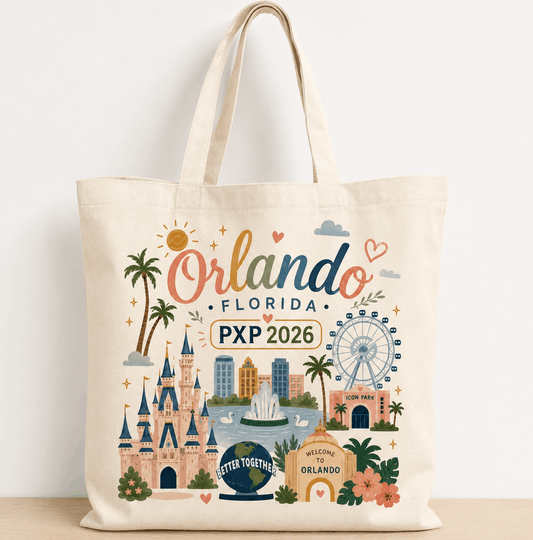 PXP Orlando 2026 natural canvas tote bag with colorful Orlando Better Together design